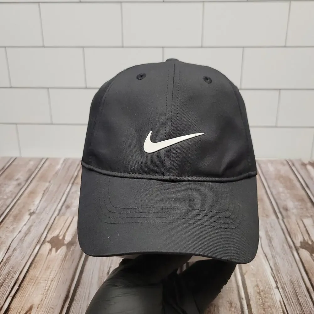Nike Golf Black Adjustable Hat White Center Swoosh Hook & Loop Strap